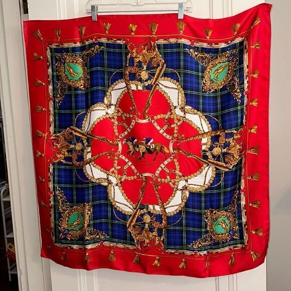 Vintage 80s/90s large polo, horses, bridle themed red, blue & gold scarf - Picture 1 of 8